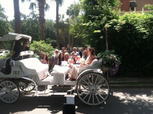 Guests surround the carriage of Matt and Kim.